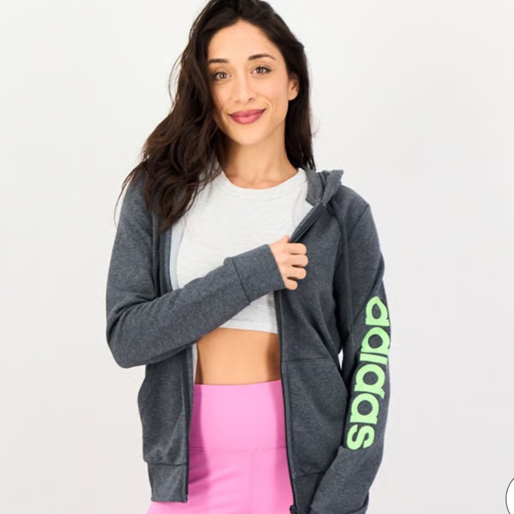 Adidas Women's Dark Gray Hoodie with Neon Green Logo